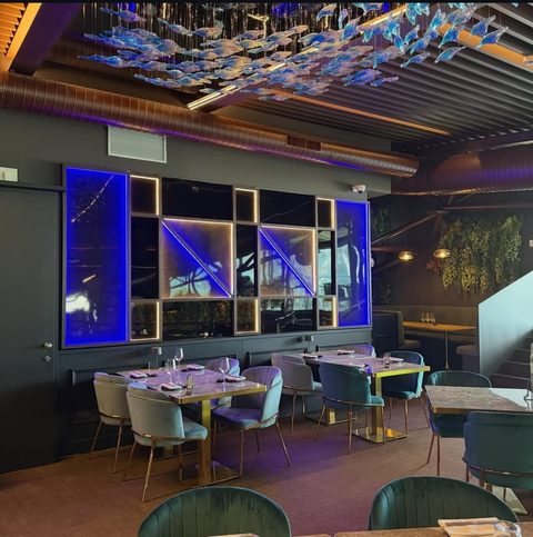 La sala di Yotto con pannelli luminosi blu e arredi in velluto
